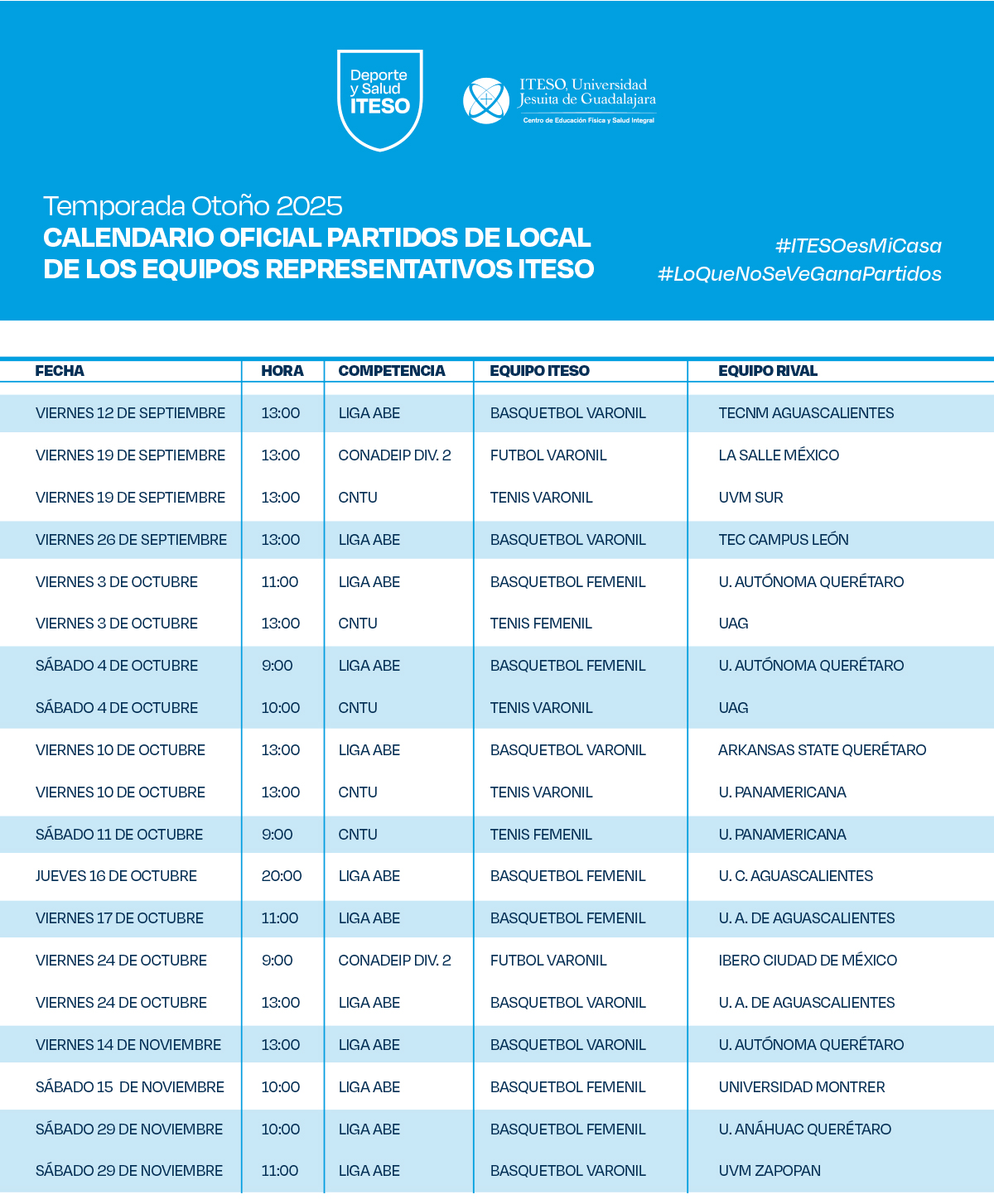 Calendario de partidos locales ITESO